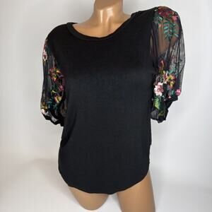 Willow Mesh Puff Sleeve Embroidered Floral Top Small Black Coquette Whimsigoth
